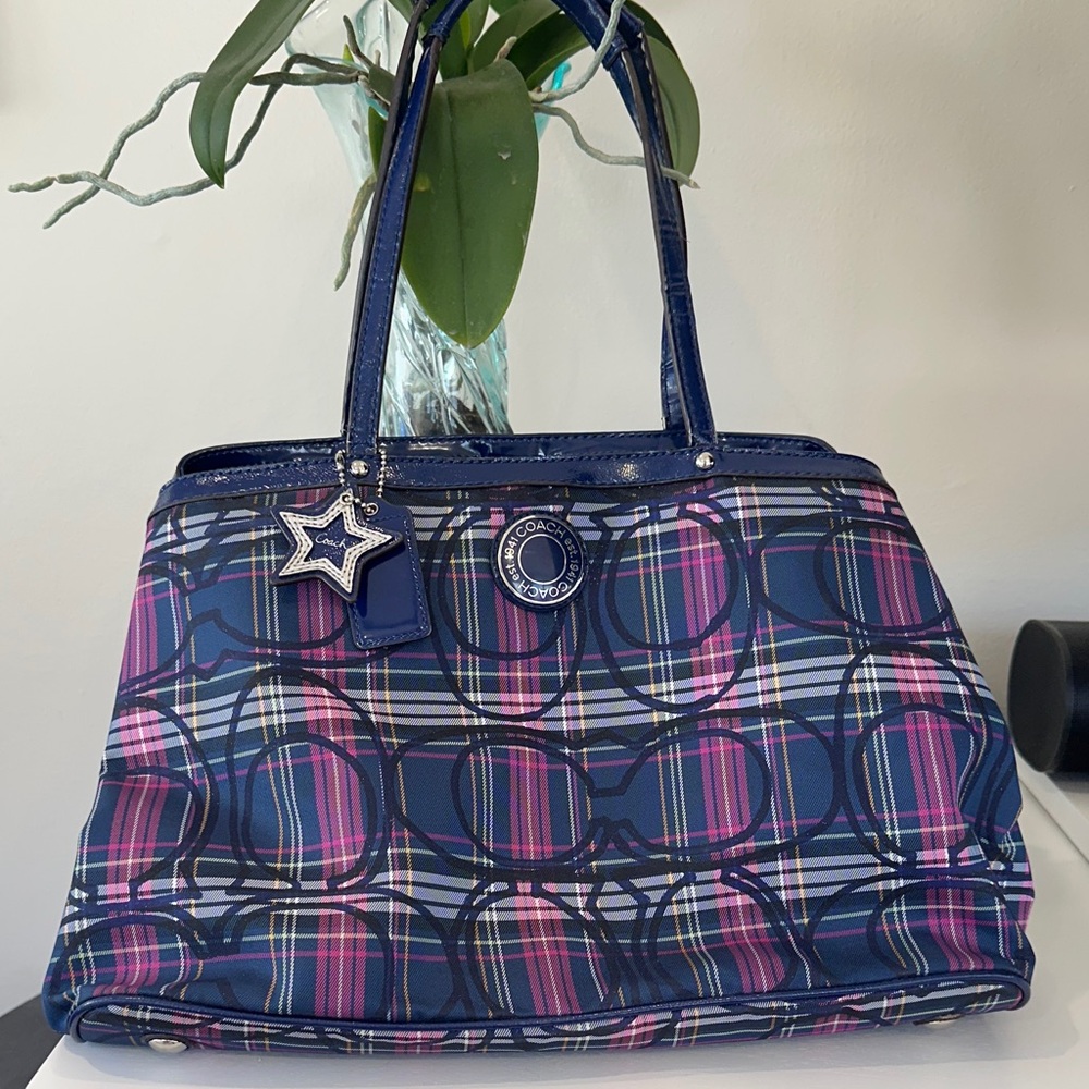Coach Poppy Navy Tartan Tote with Kisslock